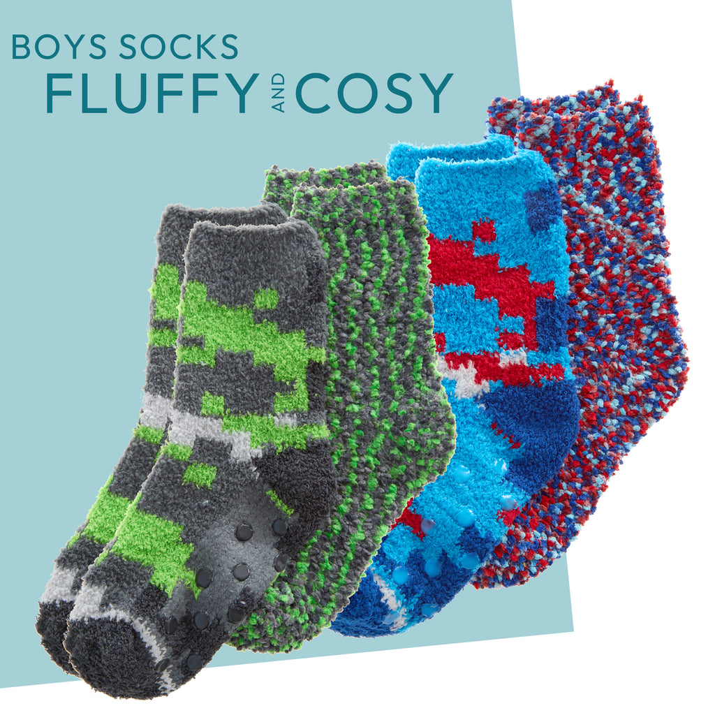 Boys Fluffy Snuggle Popcorn Cosy Bed Socks Non Slip Pixel Minecraft Design 2 Pairs Topsox