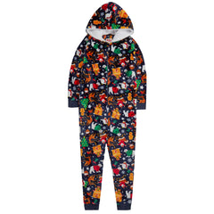 Kids Christmas Sherpa Fleece Onesie Novelty Jumpsuit Navy