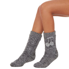 Womens Knitted Warm Winter Bed Socks with Sherpa Lining and Pom Poms