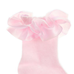 Baby Girls Socks With Decorative Frill Pink Satin - 1 Pair