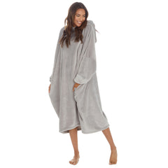 Womens Fleece Longline Knee Length Oversized Hoodie One Size Grey