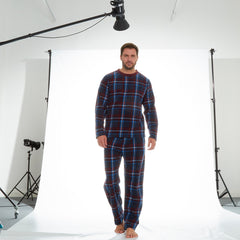 Mens Microfleece Long-Sleeved Pyjamas Checked Design Lounge Sets Navy