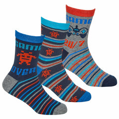 Boys Novelty Gaming Designer Socks 3 Pairs Blue Game Over