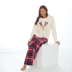 Womans Plush Fleece 2 Piece Reindeer Checked Pant Lounge Set Cream