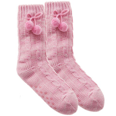 Womens Knitted Warm Winter Bed Socks with Sherpa Lining and Pom Poms