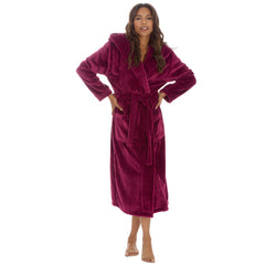 Womans Plush Fleece Dressing Gown Long Length Hooded Robe Burgundy
