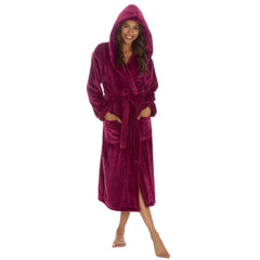 Womans Plush Fleece Dressing Gown Long Length Hooded Robe Burgundy