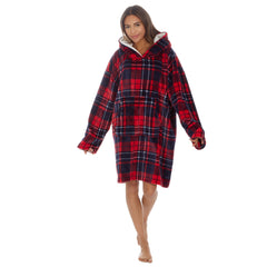 Adults Unisex Sherpa Fleece Oversized Checked Design Hoodie One Size Red