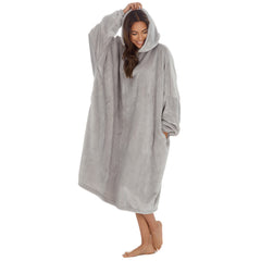 Womens Fleece Longline Knee Length Oversized Hoodie One Size Grey