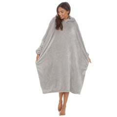 Womens Fleece Longline Knee Length Oversized Hoodie One Size Grey