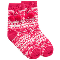 Girls Fair Isle Pattern Lounge Sherpa Fleece Christmas Socks With Pom Pom