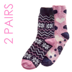 Womens Cosy Thermal Bed Socks Fluffy Knitted Winter Socks Non Slip Grippers 2 Pairs