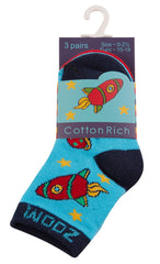 Baby Boys 3 Pairs Novelty Cartoon Socks Aqua Red Navy