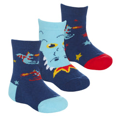 Baby Boys Blue Cartoon Dragon Socks 3 Pairs