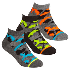 Boys Novelty Camo Design Trainer Liner Socks 3 Pairs Grey