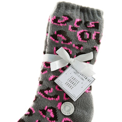 Womens Leopard Print Lounge Socks with Sherpa Fleece Thermal Bed Socks with Non Slip Grippers 1 Pair