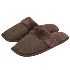 Mens Mule Memory Foam PV Fur Slippers Brown