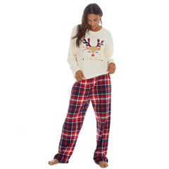 Womans Plush Fleece 2 Piece Reindeer Checked Pant Lounge Set Cream