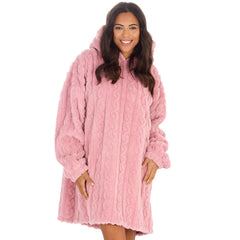 Womens Pink Oversize Hooded Blanket Cable Sherpa Fleece Blanekt Hoodie One Size