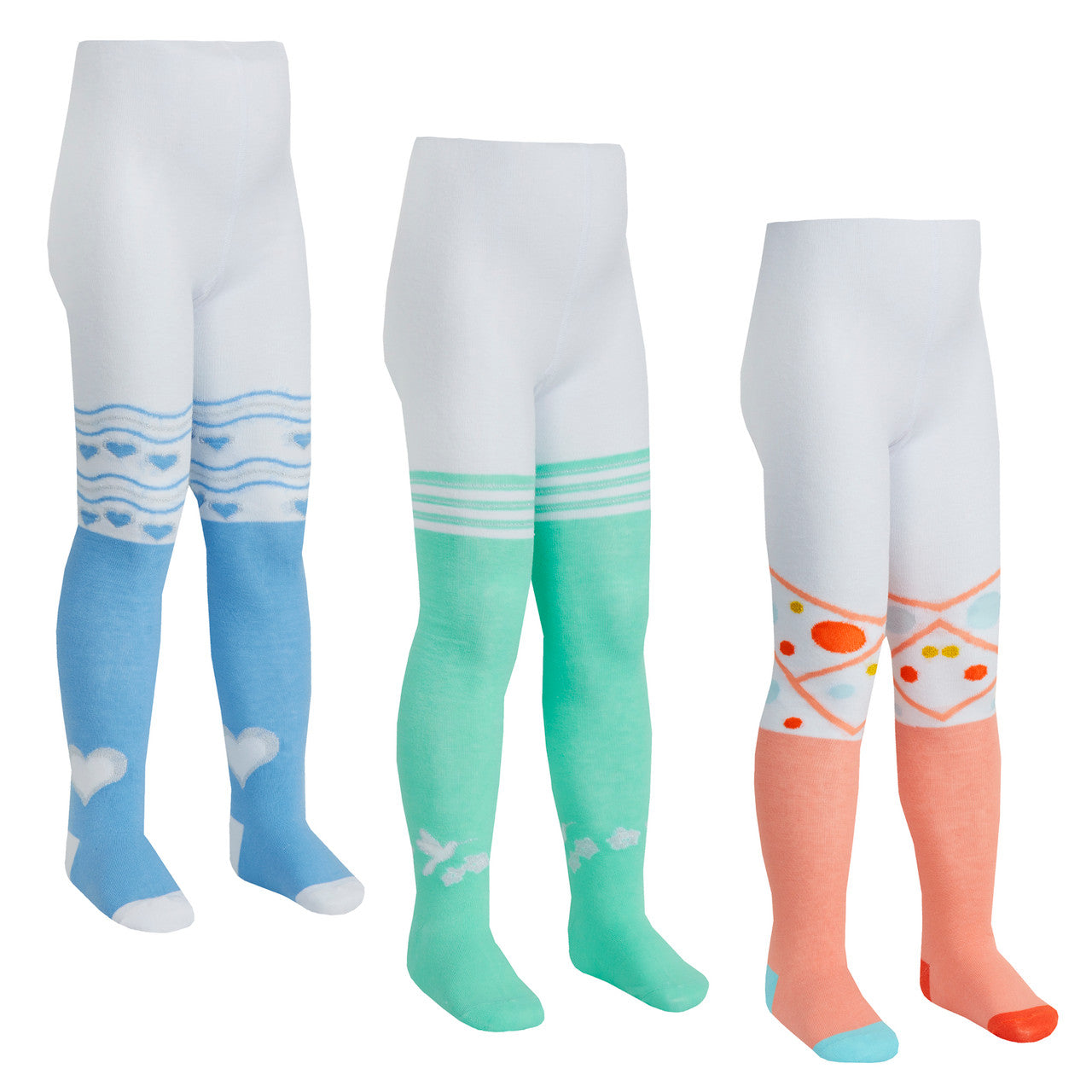 Girls Colourful Design Tights Mint Blue Coral- 3 Pairs