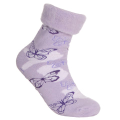 Womens Fluffy Sherpa Fleece Slipper Socks with Non Slip Grippers Purple Butterfly