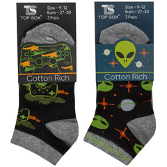 Boys Trainer Liner Low Cut Socks Alien Gaming 6 Pairs