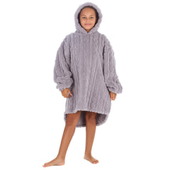 Girls Grey Cable Oversized Blanket Sherpa Fleece Hoodie