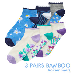 Womens Bamboo Trainer Liner Socks Floral Pattern Scalloped Edge Ankle Socks
