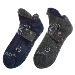 Mens Fluffy Low Cut Sherpa Fleece Slipper Socks with Non Slip Grippers Navy and Grey