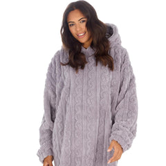 Womens Grey Oversize Hooded Blanket Cable Sherpa Fleece Blanekt Hoodie One Size