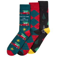 Men’s Christmas Themed Fun Designs Mid Calf Socks 3 Pairs - Xmas Tree