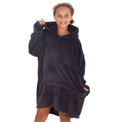 Girls Charcoal Plain Oversized Blanket Plush Fleece Hoodie with Pockets