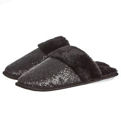 Womens Cosy Shimmer Glitter Mule Slippers Black