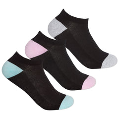 Womens Sport Trainer Liners Black Pastel Low Cut Socks 3 Pairs