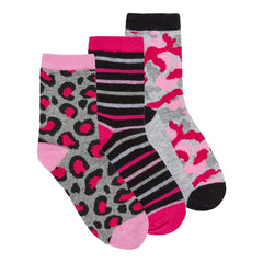 Girls Novelty Cartoon Cute Colourful Socks Pink Camo - 3 Pairs