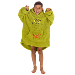 Boys Novelty Grinch Oversized Blanket Hoodie Borg Fleece Green One Size