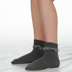 Girls Ankle Socks With Organza Lace Trim Frill 3 Pairs - Grey