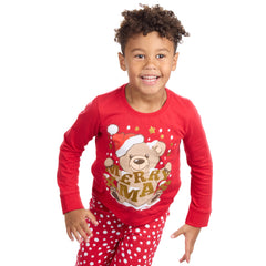 Kids Christmas Long Sleeved Teddy Pyjamas Family Lounge Sets Red