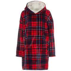 Adults Unisex Sherpa Fleece Oversized Checked Design Hoodie One Size Red