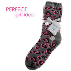 Womens Leopard Print Lounge Socks with Sherpa Fleece Thermal Bed Socks with Non Slip Grippers 1 Pair