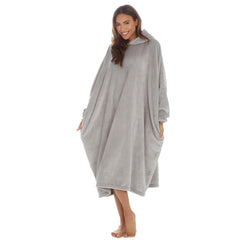 Womens Fleece Longline Knee Length Oversized Hoodie One Size Grey