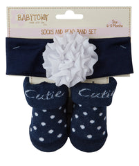 Newborn Baby Girls Socks Booties With Flower Headband Set Navy