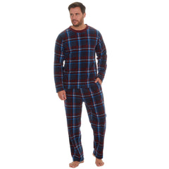 Mens Microfleece Long-Sleeved Pyjamas Checked Design Lounge Sets Navy