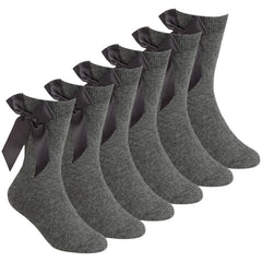 Girls Back To School Uniform Socks With Satin Bows 3 Pairs- Grey