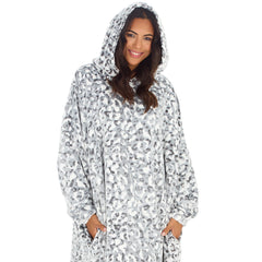 Womens Grey Leopard Hooded Poncho Longline Wearable Blanket with Side Pockets