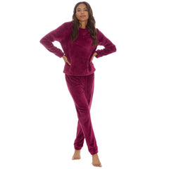Womans Plush Fleece 2 Piece Super Soft Lounge Set Pyjamas Burgundy