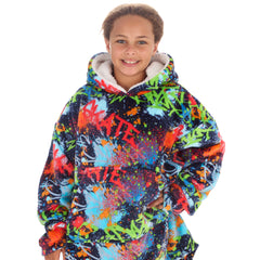 Girls Graffiti Printed Oversized Blanket Plush Fleece Hoodie with Pockets