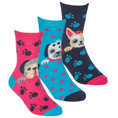 Girls Novelty Funny Dog Puppy Printed Socks 3 Pairs Pink Dog