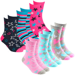 Girls Novelty Cartoon Crew Socks Stars & Hearts- 6 Pairs