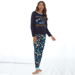 Womens Chanukah Long Sleeved Matching Pyjamas Family Lounge Sets Navy